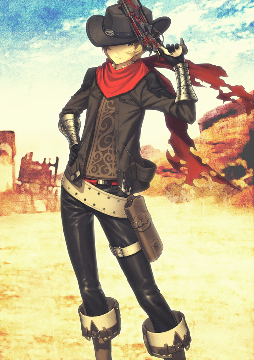 1boy belt belt_buckle billy_the_kid_(fate) black_gloves black_hat black_pants blonde_hair bracer brown_belt brown_jacket brown_shirt brown_vest buckle buttons closed_mouth collared_shirt contrapposto cowboy_hat fate/grand_order fate_(series) feet_out_of_frame gloves grey_eyes gun hand_on_own_hip hand_up hat holding holding_gun holding_weapon holster jacket legs_apart long_sleeves male_focus official_art one_eye_covered open_clothes open_jacket outdoors pants red_belt red_scarf scarf shima_udon shirt short_hair solo standing thigh_belt thigh_holster thigh_strap third-party_source torn_clothes torn_scarf unbuttoned variant_set vest weapon weapon_request wing_collar