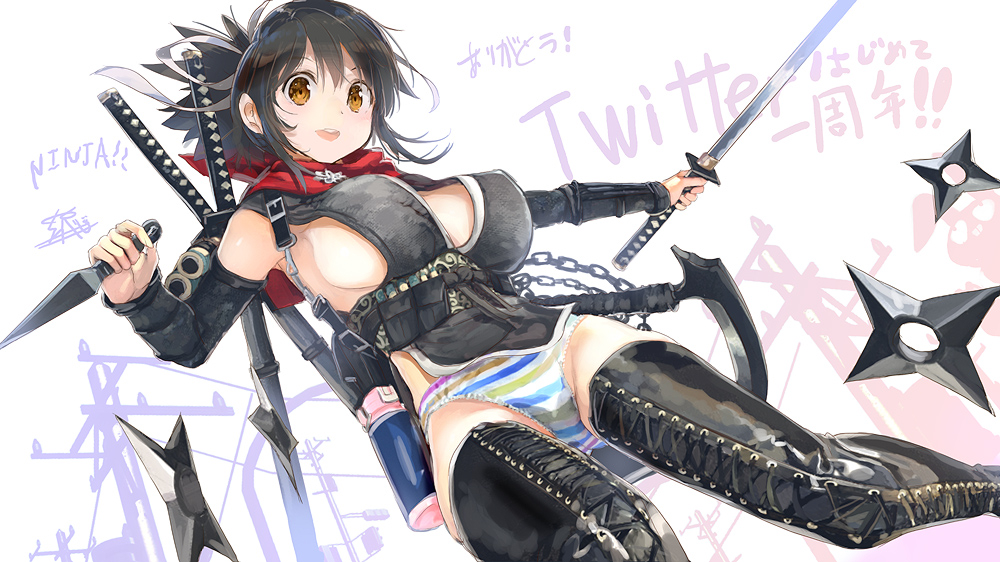 1girl alternate_costume armor asuka_(senran_kagura) asymmetrical_dual_wielding black_boots black_hair blush boots breasts brown_eyes chain cleavage detached_sleeves dual_wielding gluteal_fold groin hair_ribbon holding japanese_armor japanese_clothes kama_(weapon) kote kunai kurokote kusarigama lace-up_boots lamppost large_breasts looking_at_viewer multicolored_panties multicolored_stripes multiple_weapons ninja ninto_(senran_kagura) obi official_art open_mouth panties ponytail power_lines rabbit rainbow_panties red_scarf revealing_clothes ribbon sash saya_(scabbard) scabbard scarf scroll senran_kagura senran_kagura_shoujo-tachi_no_shin&#039;ei sheath sheathed shiny_skin short_hair short_ponytail short_sword shuriken sickle sideboob smile solo striped_clothes striped_panties sword teeth thigh_boots thighhighs thighhighs_under_boots tongue traffic_light tsuba_(guard) tsuka-ito tsuka_(handle) underwear unsheathed upper_teeth_only utility_pole wakizashi weapon white_ribbon yaegashi_nan