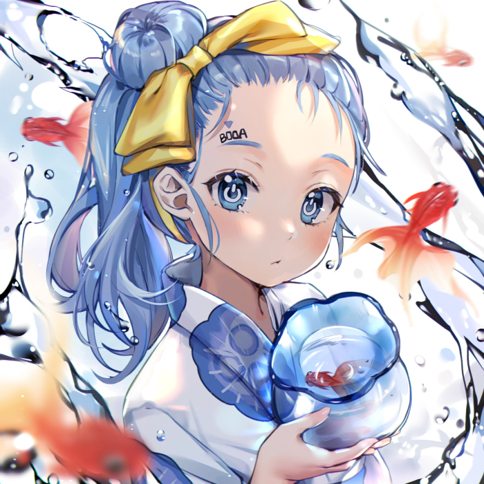 1girl ads_(aqua_youth)_(girls&#039;_frontline) ads_(girls&#039;_frontline) blue_eyes blue_hair blue_kimono douya_(233) fish fishbowl forehead girls&#039;_frontline goldfish hair_bun japanese_clothes kimono looking_at_viewer official_alternate_costume portrait ribbon symbol-shaped_pupils water yellow_ribbon