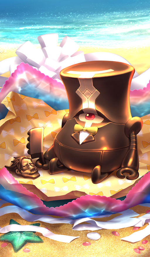 beach candy charles_babbage_(fate) chocolate commentary day fate/grand_order fate_(series) food food_art food_focus ichihashi_makoto james_moriarty_(archer)_(fate) no_humans ocean official_art outdoors ribbon riyo_(lyomsnpmp)_(style) sand starfish still_life sunlight third-party_source water white_ribbon wrapping_paper