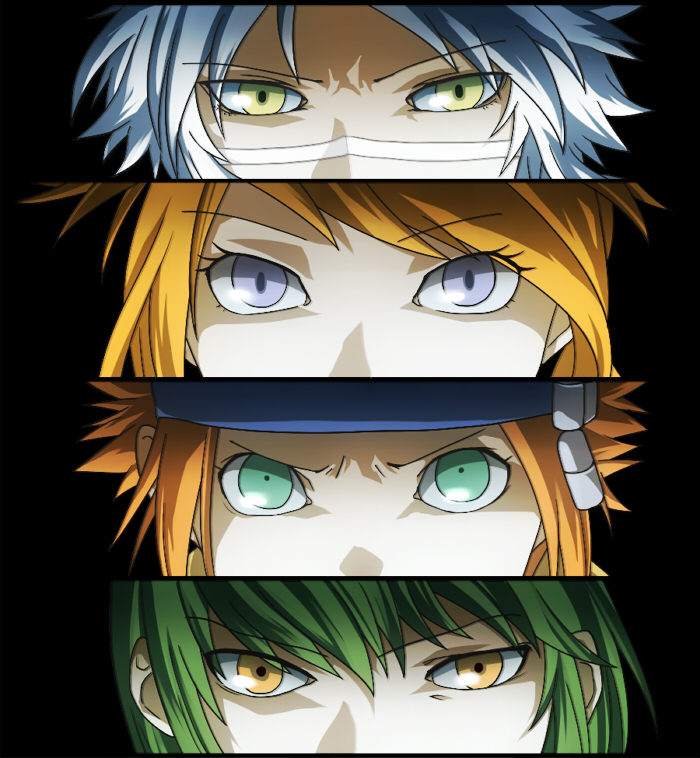1girl 3boys ak_(pixiv3411084) annotated asymmetrical_bangs black_background blonde_hair cail_(pokemon) commentary_request eye_focus eyelashes green_eyes green_hair looking_at_viewer michael_(pokemon) multiple_boys nintendo orange_hair persona persona_eyes pokemon pokemon_colosseum pokemon_xd purple_eyes rui_(pokemon) serious simple_background wes_(pokemon) white_hair yellow_eyes