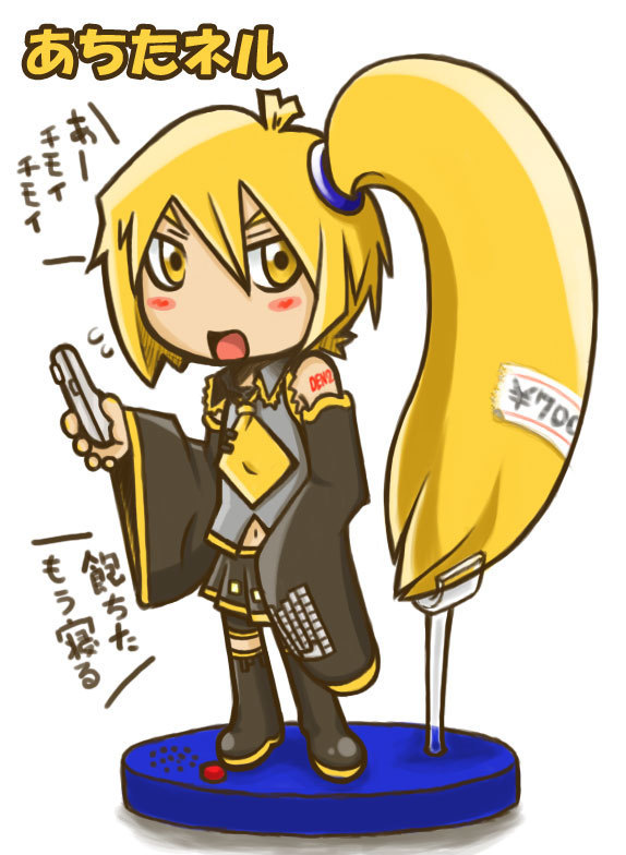 1girl akita_neru antenna_hair arm_tattoo bike_shorts_under_skirt black_shorts black_skirt black_sleeves black_thighhighs blonde_hair blush_stickers character_name collared_shirt detached_sleeves figure_stand flying_sweatdrops full_body grey_shirt hair_between_eyes legs_apart long_hair long_sleeves miniskirt navel necktie no_nose open_mouth pleated_skirt price_tag red_tattoo shirt shorts side_ponytail simple_background skirt smith_hioka solo standing tattoo thighhighs tie_clip translation_request very_long_hair vocaloid white_background wide_sleeves yellow_eyes yellow_necktie yellow_trim