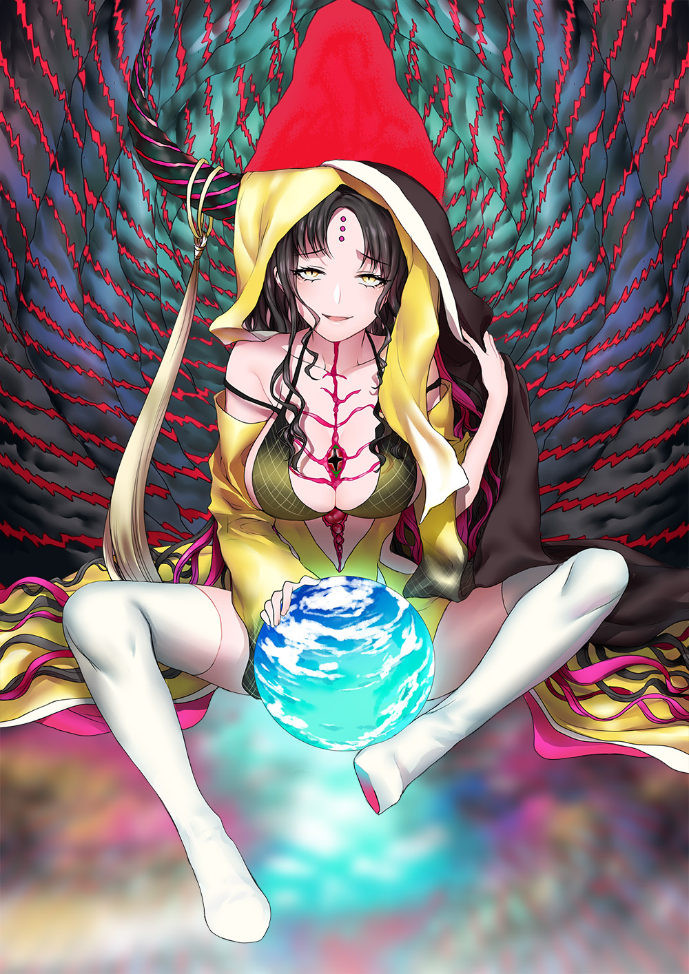 1girl black_hair boots breasts demon_girl demon_horns earth_(planet) fate/grand_order fate_(series) highres horns large_breasts long_hair mikura_(miraclemicro) planet sessyoin_kiara sessyoin_kiara_(beast_iii/r) sitting slit_pupils solo spread_legs thigh_boots very_long_hair