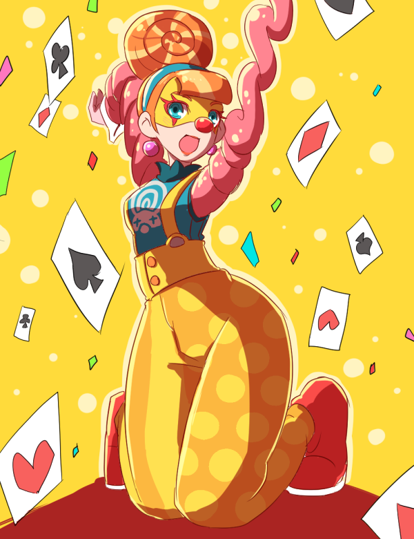 1girl 2018 arms_(game) arms_up beehive_hairdo blue_eyes card clown confetti domino_mask earrings hairband hitohito jewelry kneeling lola_pop mask nintendo open_mouth orange_hair overalls playing_card red_lips smile solo yellow_background
