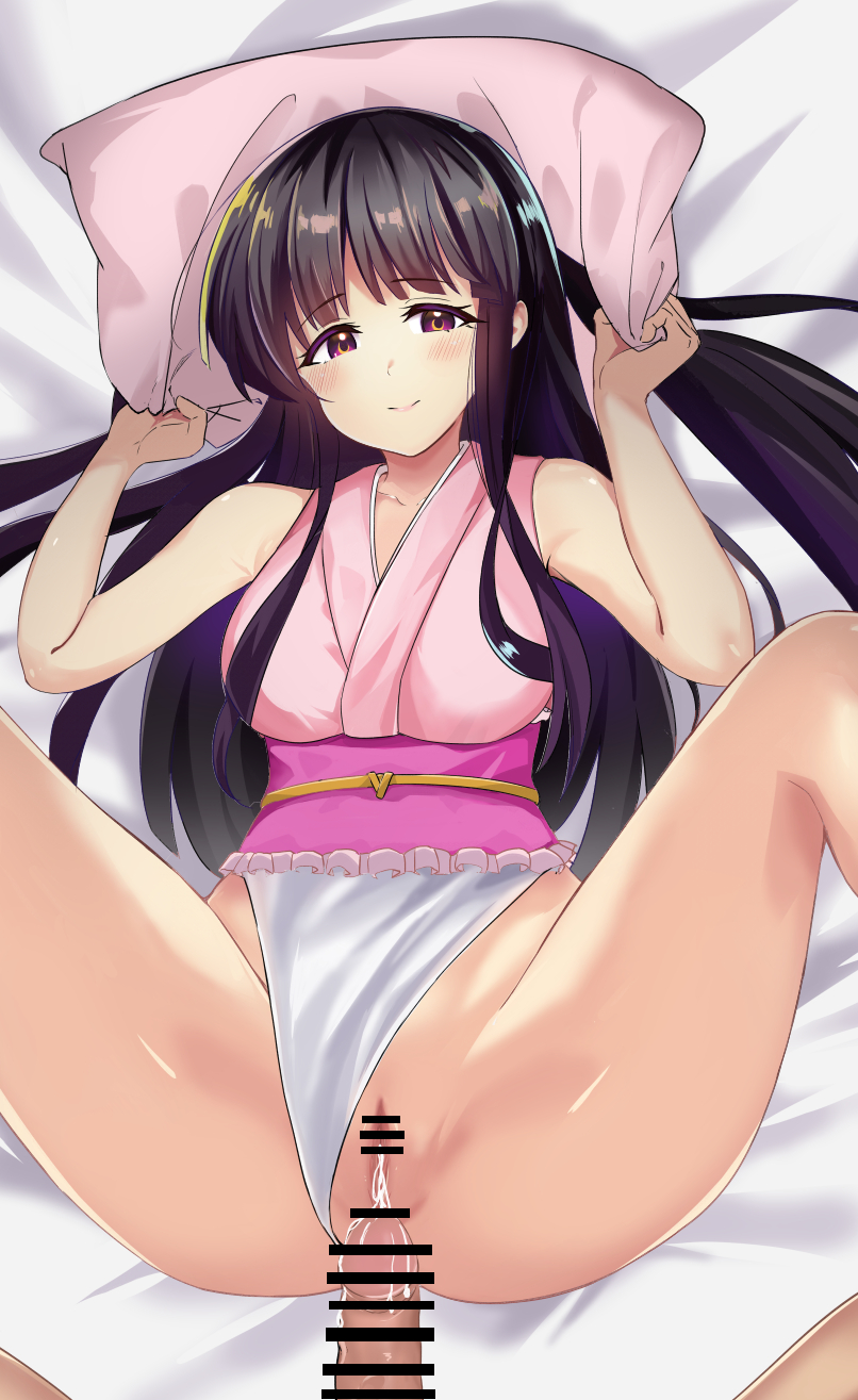 1boy 1girl after_vaginal aftersex bar_censor black_hair blush breasts censored closed_mouth clothed_female_nude_male clothing_aside cum cum_in_pussy frilled_leotard frills from_above hetero highres hime_cut houraisan_kaguya kuretudenn leotard leotard_aside long_hair looking_at_viewer lying medium_breasts nude on_back penis pillow pink_eyes pink_leotard pussy smile solo_focus spread_legs touhou touhou_tag_dream wrestling_outfit