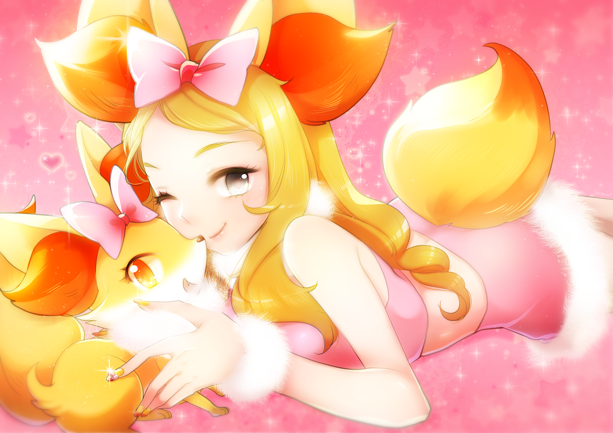 1girl ;) blonde_hair bow closed_mouth cosplay creatures_(company) crop_top fennekin fennekin_(cosplay) fur-trimmed_skirt fur_trim game_freak gen_6_pokemon grey_eyes hair_bow heart long_hair midriff miniskirt moran nail_polish nintendo one_eye_closed pink_background pink_bow pink_skirt pokemon pokemon_(anime) pokemon_xy_(anime) serena_(pokemon) skirt smile swept_bangs yellow_nails