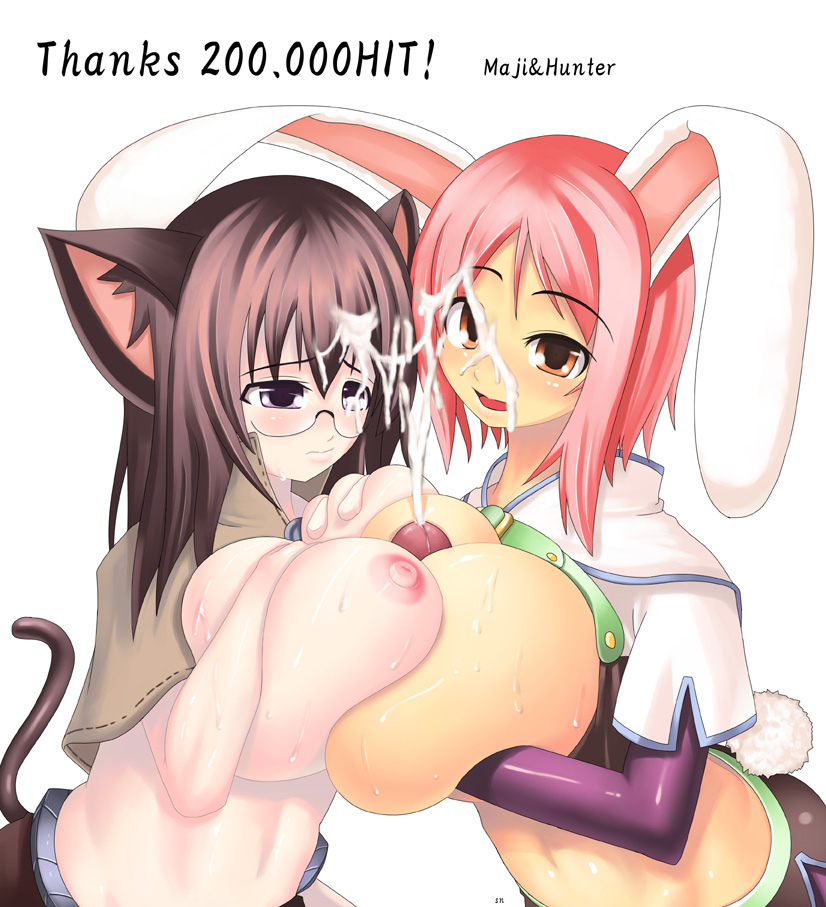 2girls animal_ears artist_request blush breasts brown_hair cat_ears cat_girl cat_tail cooperative_paizuri cum cum_on_body cum_on_hair disembodied_penis ejaculation facial gigantic_breasts glasses huge_breasts hunter hunter_(ragnarok_online) mage_(ragnarok_online) multiple_girls paizuri penis pink_hair rabbit_ears rabbit_girl ragnarok_online source_request sweat tail teamwork_(sexual) uncensored