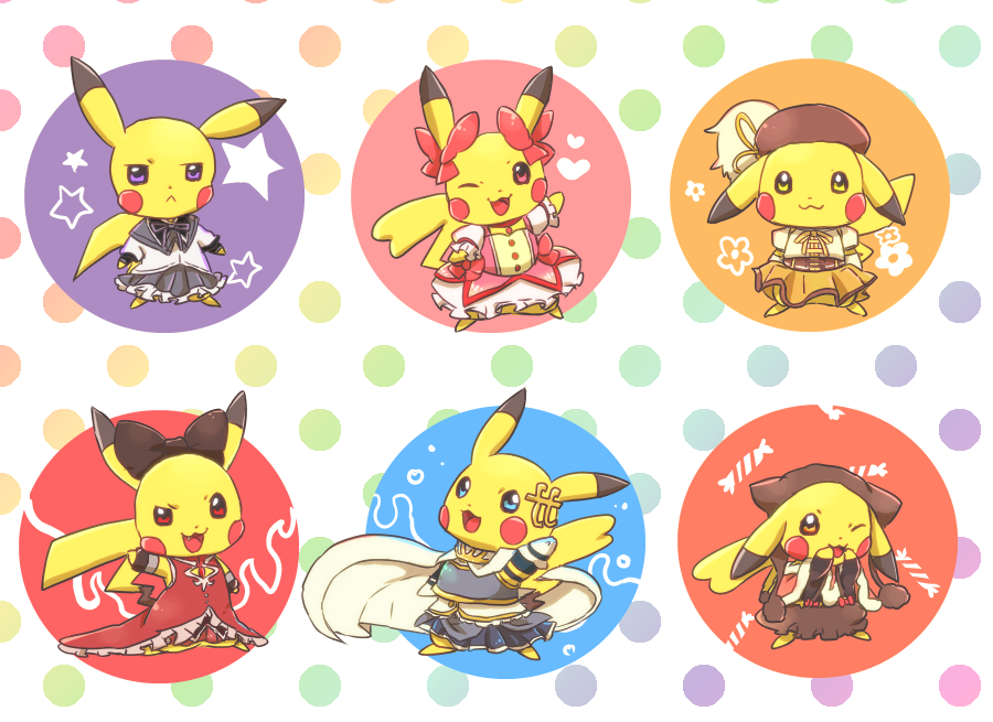6+girls :d ;d akemi_homura akemi_homura_(cosplay) akemi_homura_(magical_girl) animalization black_ribbon blue_eyes blue_skirt blush_stickers candy_print commentary_request cosplay creature dress fang flame_print food_print fortissimo frown full_body gen_1_pokemon hair_ornament hair_ribbon heart kaname_madoka kaname_madoka_(cosplay) kaname_madoka_(magical_girl) looking_at_viewer mahou_shoujo_madoka_magica mahou_shoujo_madoka_magica:_hangyaku_no_monogatari miki_sayaka miki_sayaka_(cosplay) miki_sayaka_(magical_girl) mizuto_(o96ap) momoe_nagisa momoe_nagisa_(cosplay) momoe_nagisa_(magical_girl) multicolored_background multiple_girls musical_note musical_note_hair_ornament nintendo no_humans one_eye_closed open_mouth pikachu pokemon pokemon_(creature) polka_dot polka_dot_background purple_eyes red_dress red_eyes ribbon sakura_kyoko sakura_kyoko_(cosplay) sakura_kyoko_(magical_girl) skirt smile standing star_(symbol) tomoe_mami tomoe_mami_(cosplay) tomoe_mami_(magical_girl) wave_print yellow_eyes yellow_skirt