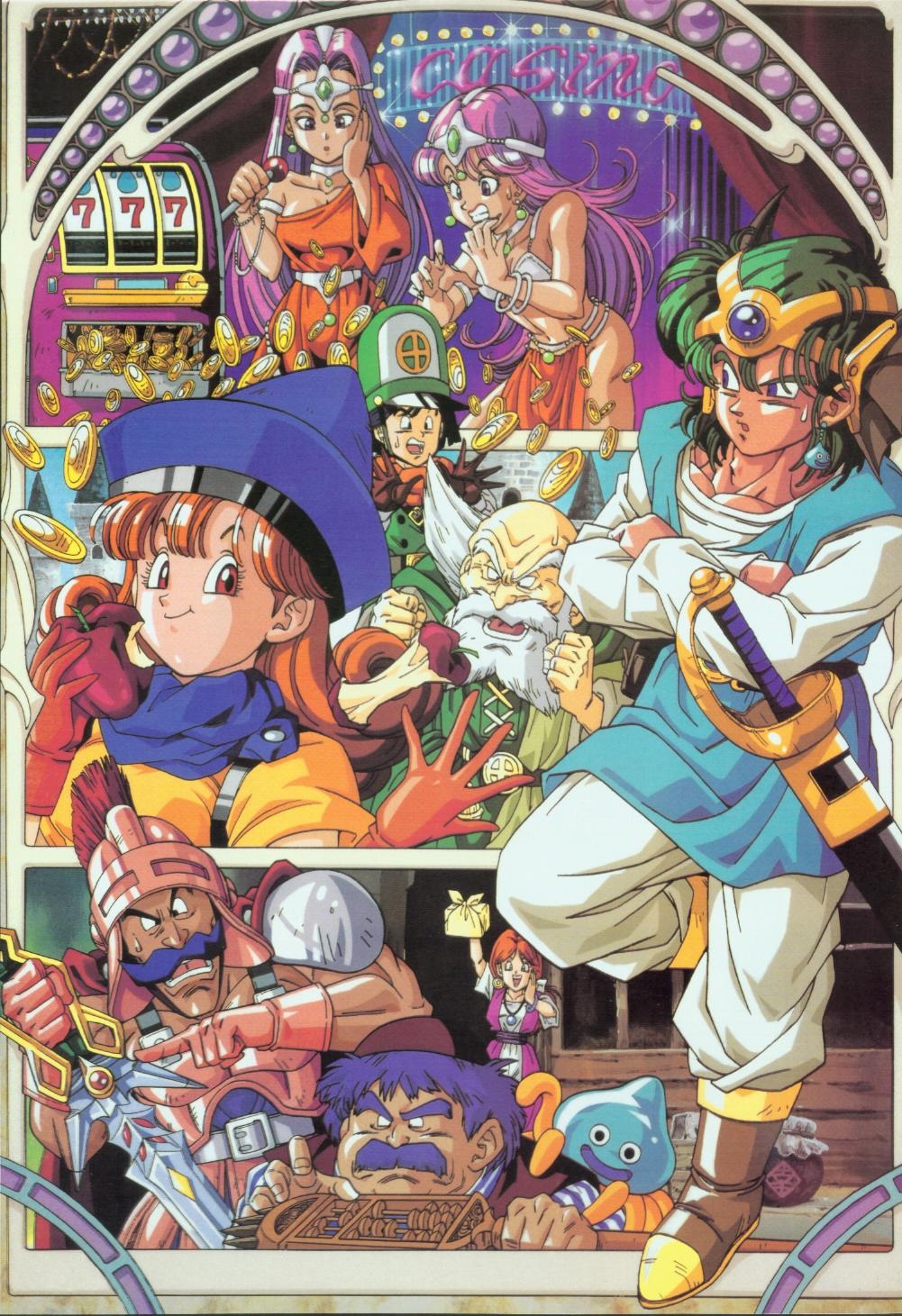 abacus alena_(dq4) apple armor beard brey casino clift coin crossed_arms dragon_quest dragon_quest_iv dress eating facial_hair food fruit gold_coin green_hair hat headpiece healslime hero_(dq4) highres long_hair manya_(dq4) metal_bikini minea_(dq4) nakatsuru_katsuyoshi official_art old old_man orange_hair pelvic_curtain purple_eyes purple_hair ryan_(dq4) scan slime_(dragon_quest) slot_machine smile sweatdrop sword tessie third-party_source torneko weapon