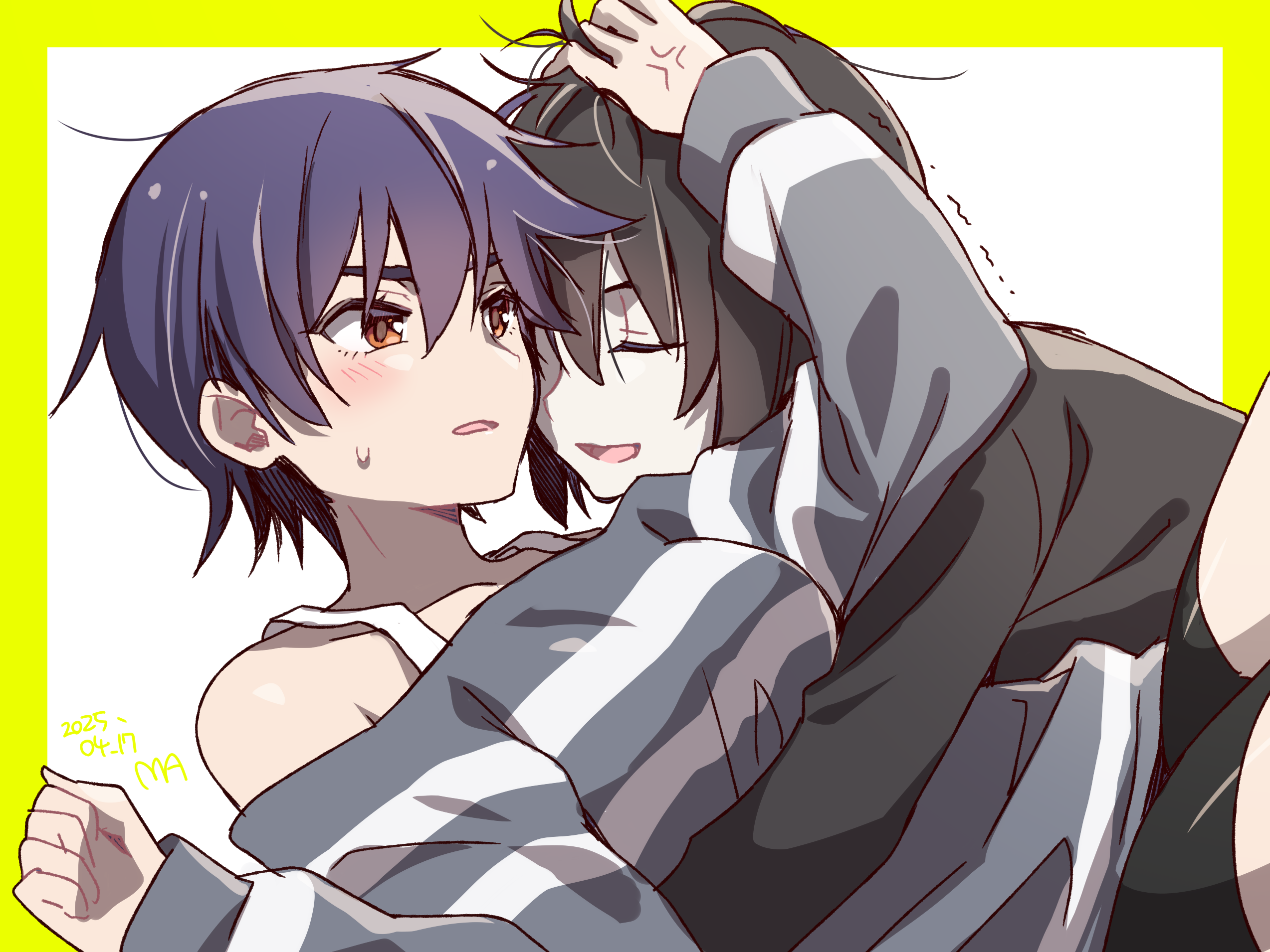 1girl anger_vein black_hair black_jacket black_shorts blue_hair blush breasts closed_eyes hands_up hetero highres hug jacket kanbaru_suruga long_sleeves looking_at_another lying manimani_(mani_ma) medium_breasts monogatari_(series) off-shoulder_sweater off_shoulder on_back open_mouth oshino_ougi pale_skin short_hair shorts smile striped_clothes striped_sweater sweatdrop sweater