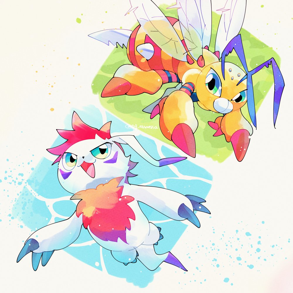 :3 antennae bee bug chest_hair colored_skin digimon digimon_(creature) facial_mark full_body funbeemon gomamon gomamon_x-antibody green_eyes insect insect_wings no_humans pg_enaena red_hair spiked_hair underwater white_fur wings yellow_skin