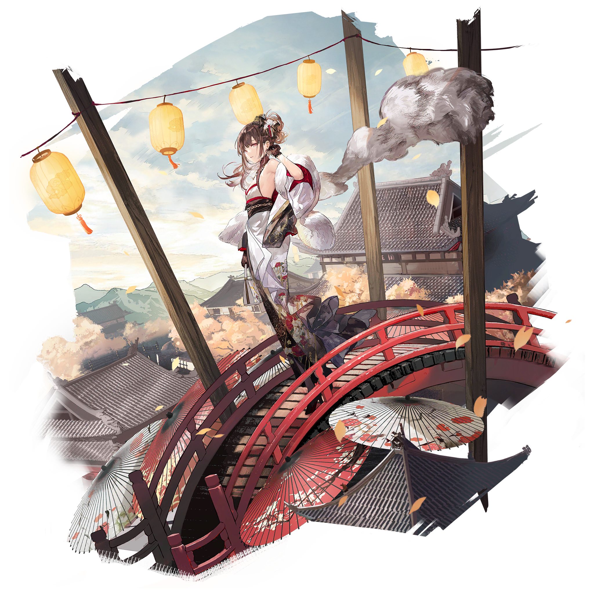 1girl adjusting_hair architecture artist_request black_gloves bridge brown_hair check_artist clutch_purse east_asian_architecture falling_leaves feather_boa flat_chest full_body game_cg girls'_frontline girls'_frontline_neural_cloud gloves guagua0313 hand_fan highres japanese_clothes kimie_(neural_cloud) kimono lantern leaf official_alternate_costume official_art paper_fan paper_lantern pink_eyes solo sunrise third-party_source tree