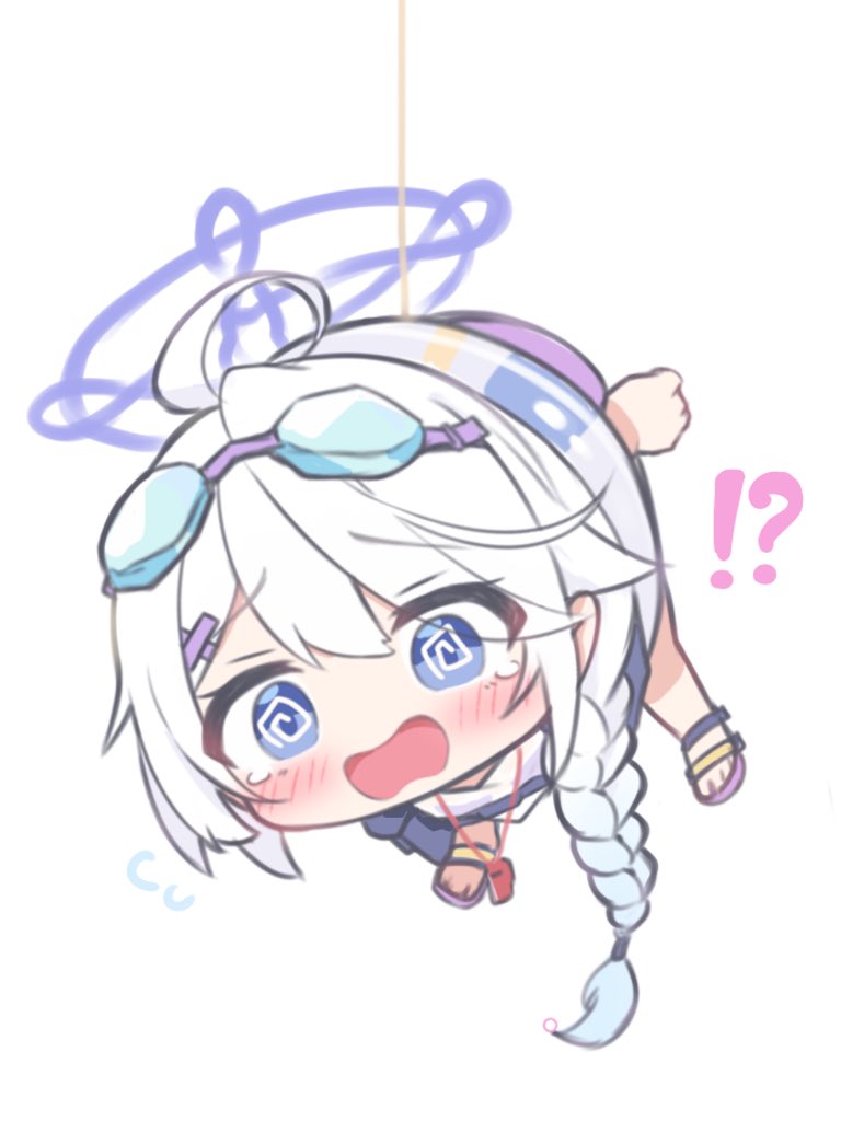 !? 1girl @_@ ahoge bikini black_vest blue_archive blue_eyes blush braid chibi chibi_only eyewear_on_head goggles goggles_on_head hair_ornament hairclip halo hanging karupa_(karupapon) kirino_(blue_archive) kirino_(swimsuit)_(blue_archive) official_alternate_costume official_alternate_hairstyle open_mouth purple_bikini purple_halo sandals see-through_clothes see-through_shirt shirt simple_background single_braid solo stuck sweatdrop swept_bangs swimsuit tears vest wavy_mouth whistle whistle_around_neck white_background white_hair white_shirt