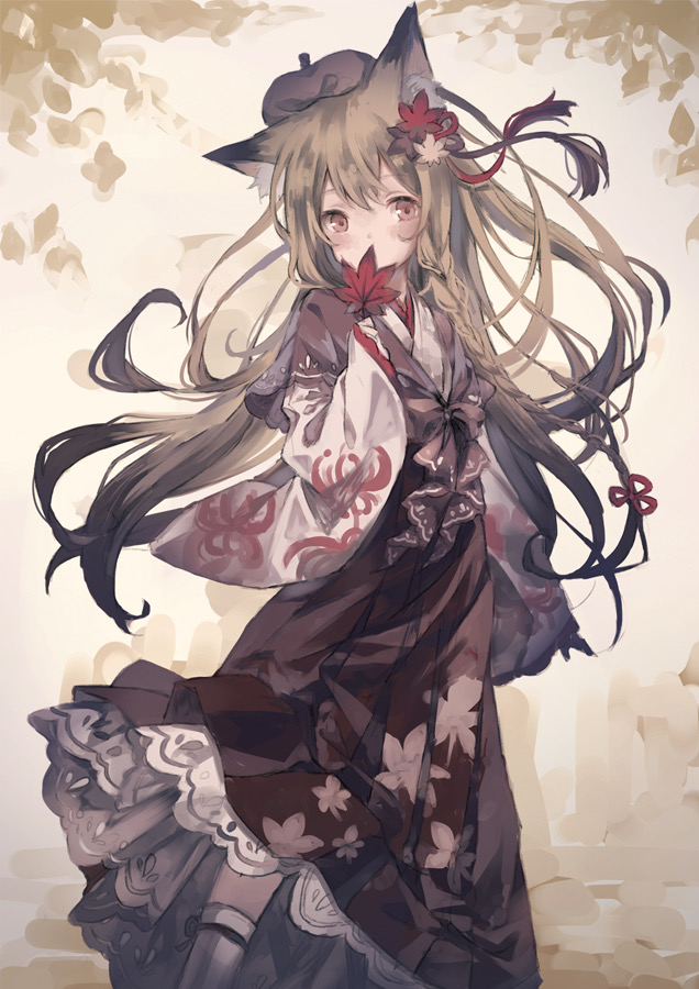 1girl animal_ear_fluff animal_ears autumn_leaves beret blush bow braid brown_bow brown_eyes brown_hair brown_hakama brown_hat commentary_request covered_mouth feet_out_of_frame female_focus hair_ornament hakama hakama_skirt hat holding holding_leaf japanese_clothes kimono leaf leaf_hair_ornament long_hair long_sleeves original oro_ponzu skirt sleeves_past_wrists socks solo standing very_long_hair white_kimono white_socks wide_sleeves