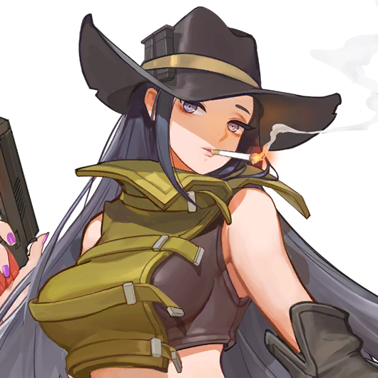 1girl arm_warmers bare_shoulders blue_eyes breasts cigarette cowboy_hat crop_top eyelashes female_focus forehead game_cg gun handgun hat head_tilt high_collar holding holding_gun holding_pistol holding_weapon large_breasts last_origin long_hair nail_polish official_art parted_lips pistol purple_hair purple_nails rorobomb sleeveless smoke smoking transparent_background upper_body war_wolf_(last_origin) weapon