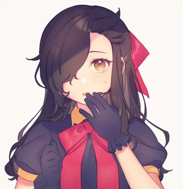 1boy black_gloves black_shirt blush bow collared_shirt crossdressing crossdressing_(mtf) gloves grey_background hair_bow hand_to_own_mouth hands_up headset long_hair looking_at_viewer male_focus natsumi_schwarz parted_lips puffy_short_sleeves puffy_sleeves re:zero_kara_hajimeru_isekai_seikatsu red_bow rinndouk shirt short_sleeves simple_background solo sweat upper_body
