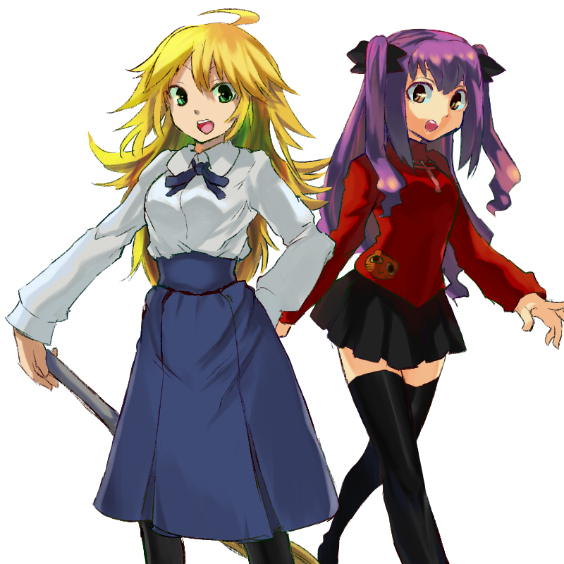 2girls ahoge artoria_pendragon_(fate) black_legwear blonde_hair brown_hair comic_toranoana cosplay crossover dress fate/stay_night fate_(series) hair_ribbon hoshii_miki idolmaster idolmaster_(classic) joriosuta long_hair marimo_(toranoana) multiple_girls pantyhose purple_hair ribbon saber_(fate) saber_(fate)_(cosplay) short_twintails thighhighs tohsaka_rin tohsaka_rin_(cosplay) turtleneck twintails two_side_up zettai_ryouiki