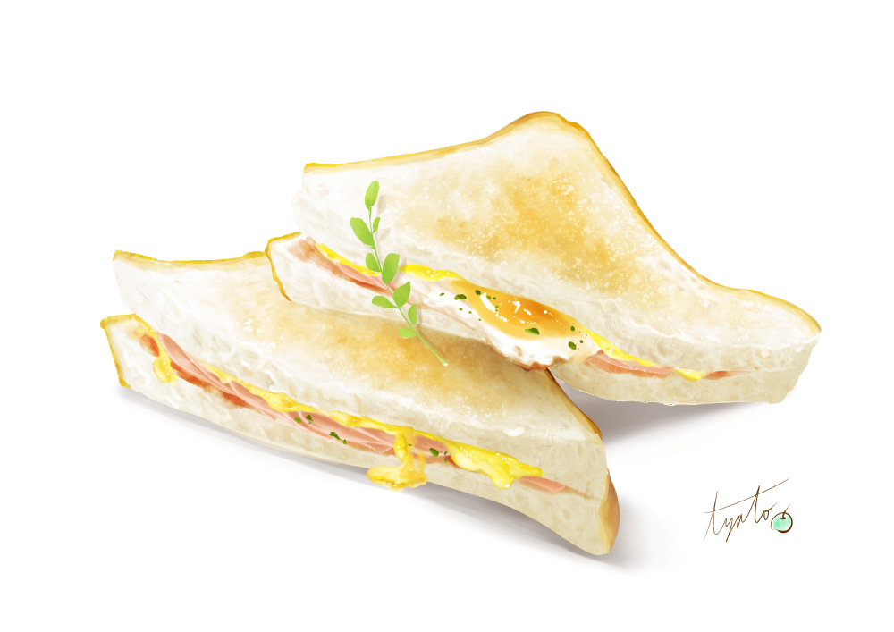 bread bread_slice cheese commentary_request egg_(food) food food_focus fried_egg garnish ham no_humans original partial_commentary sandwich shadow signature still_life toast tyatorabo