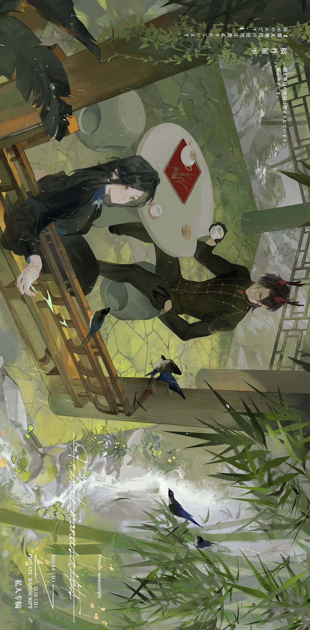 1boy 1girl aiguillette antlers bamboo bamboo_shoot bird black_hair black_pants black_shirt chair cup day english_text gazebo glasses gloves half_gloves highres holding holding_cup horns leaf long_hair nature original outdoors outstretched_hand pants railing rock saucer scenery shirt short_hair sideways sitting table tangduolynn teacup teapot tree water waterfall