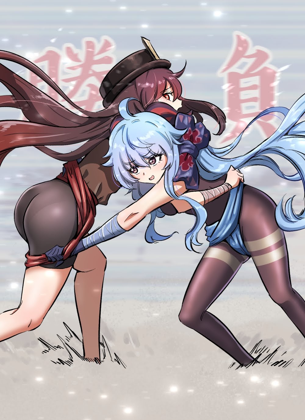 2girls ass black_hair black_legwear black_shorts bow brown_hair catfight fighting ganyu_(genshin_impact) genshin_impact hair_bow hat hay highres hu_tao_(genshin_impact) leotard long_hair long_sleeves mud multicolored_hair multiple_girls pantyhose pulling red_eyes red_hair shorts smile thighs twintails two-tone_hair yavaru