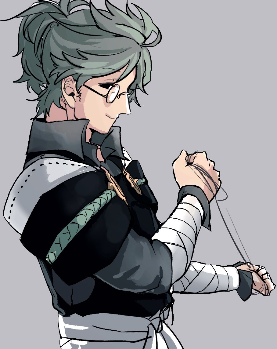 1boy bandages blue_hair closed_mouth collared_shirt fire_emblem fire_emblem_fates from_side glasses grey_background japanese_clothes long_sleeves looking_at_viewer misokatsuhaumai nintendo ponytail rope shirt smile upper_body yukimura_(fire_emblem)