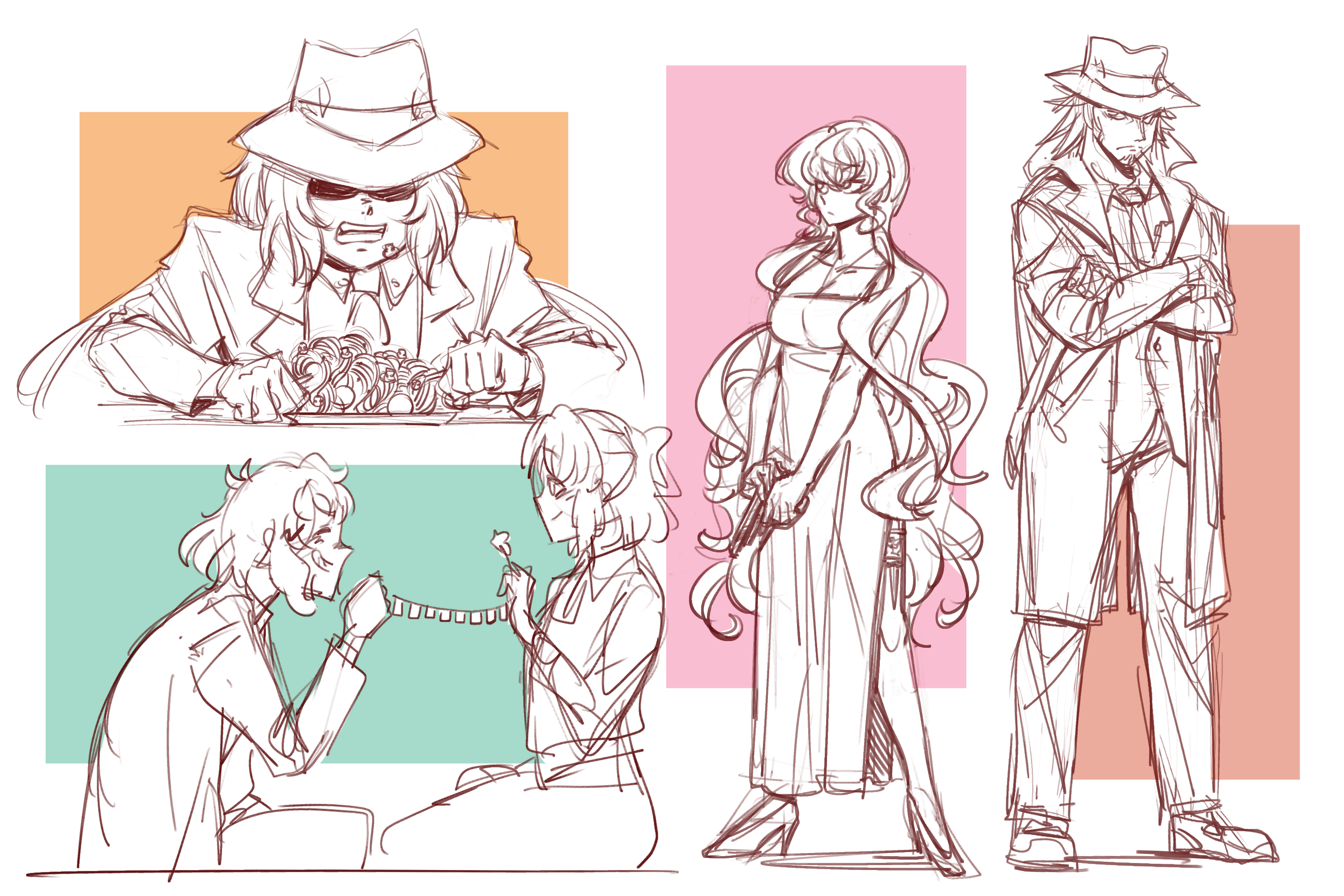 3girls arsene_lupin_iii arsene_lupin_iii_(cosplay) breasts castle_of_cagliostro cleavage coat cosplay crossed_arms food food_on_face grin gun gutalalaman handgun hat high_heels highres ishikawa_goemon_xiii ishikawa_goemon_xiii_(cosplay) jigen_daisuke jigen_daisuke_(cosplay) kazanari_genjuurou kohinata_miku large_breasts lupin_iii maria_cadenzavna_eve mine_fujiko mine_fujiko_(cosplay) multiple_girls necktie pants pasta pistol senki_zesshou_symphogear sketch smile spaghetti tachibana_hibiki_(symphogear) trench_coat weapon yukine_chris zenigata_kouichi zenigata_kouichi_(cosplay)