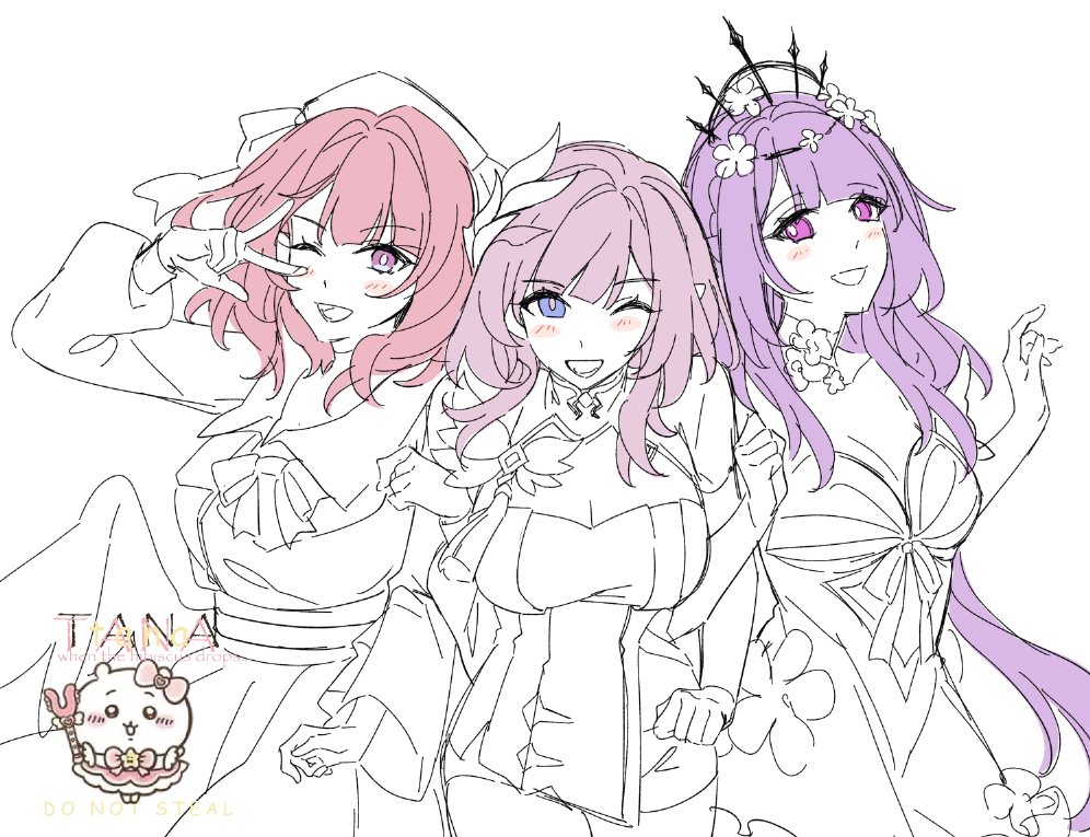 3girls artist_name black_tiara breasts castorice_(honkai:_star_rail) chiikawa cleavage company_connection corset cyrene_(honkai:_star_rail) dress elysia_(honkai_impact) hair_ornament honkai:_star_rail honkai_(series) honkai_impact_3rd inoue_marina large_breasts long_hair multiple_girls partially_colored pink_hair purple_eyes purple_hair shorts tana_(tanabio) tiara v v_over_eye voice_actor_connection yanning