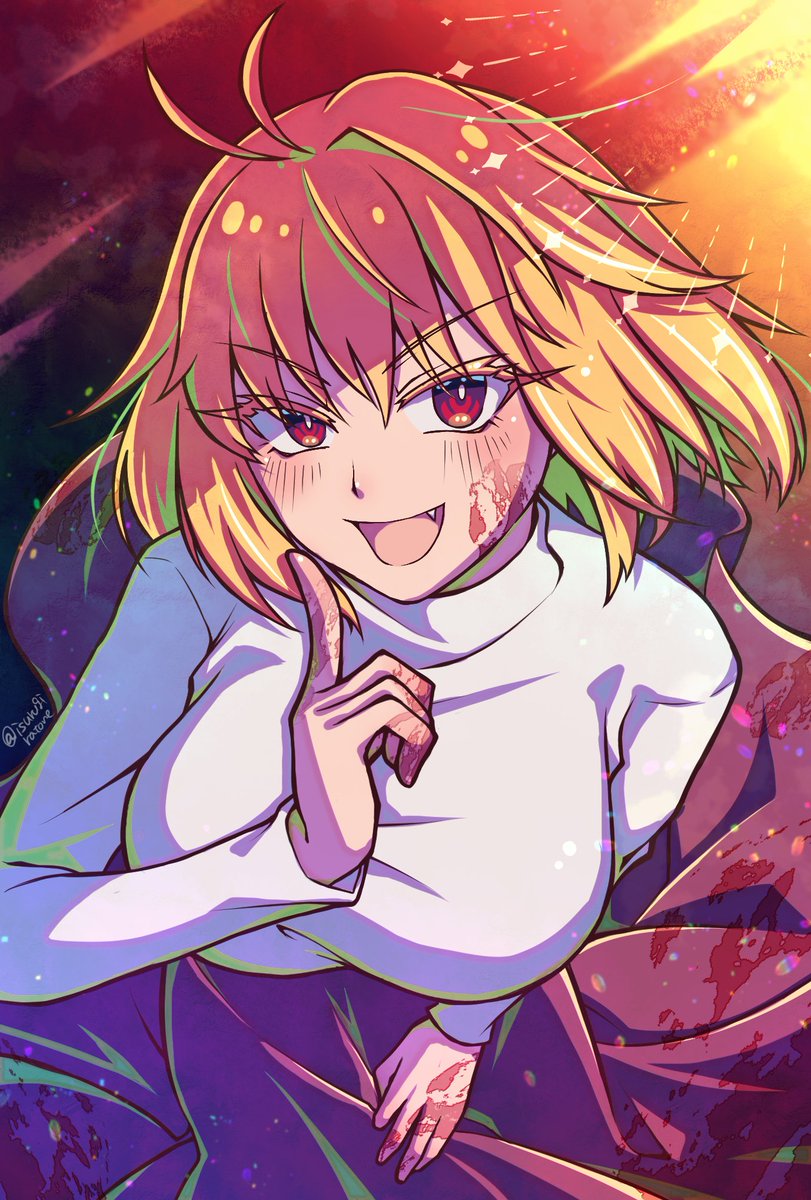 1girl antenna_hair arcueid_brunestud blonde_hair blood blood_on_clothes blood_on_face blood_on_hands blood_stain breasts colored_eyelashes fang floating_hair from_above hand_on_leg hand_on_own_leg hand_on_own_thigh highres index_finger_raised isurugiratone large_breasts leaning_forward light_particles long_eyelashes long_skirt looking_at_viewer open_mouth purple_skirt red_arcueid red_eyes seductive_gaze seductive_smile short_hair single_hair_intake skirt smile solo sweater tsukihime tsukihime_(remake) turtleneck turtleneck_sweater twitter_username v-shaped_eyebrows white_sweater