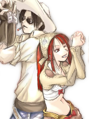 1boy 1girl back-to-back black_hair blacksmith_(ragnarok_online) bow bow_bra bra brown_bandana brown_gloves brown_shirt cigarette commentary_request cowboy_hat fingerless_gloves gloves grin hat long_hair long_sleeves lowres midriff mr.romance navel one_eye_closed ponytail ragnarok_online red_bow red_eyes red_hair shirt short_hair short_sleeves shrug_(clothing) simple_background sleeves_rolled_up smile sunglasses thief_(ragnarok_online) underwear upper_body white_background white_bra white_hat white_shirt