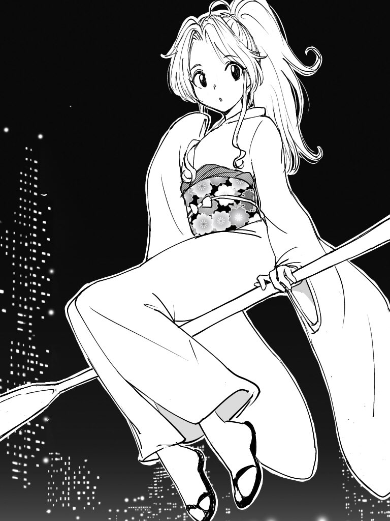 1girl botan_(yu_yu_hakusho) broom broom_riding city floating full_body greyscale japanese_clothes kajino_(aosansai) kimono long_hair looking_at_viewer monochrome open_mouth ponytail solo yuu_yuu_hakusho