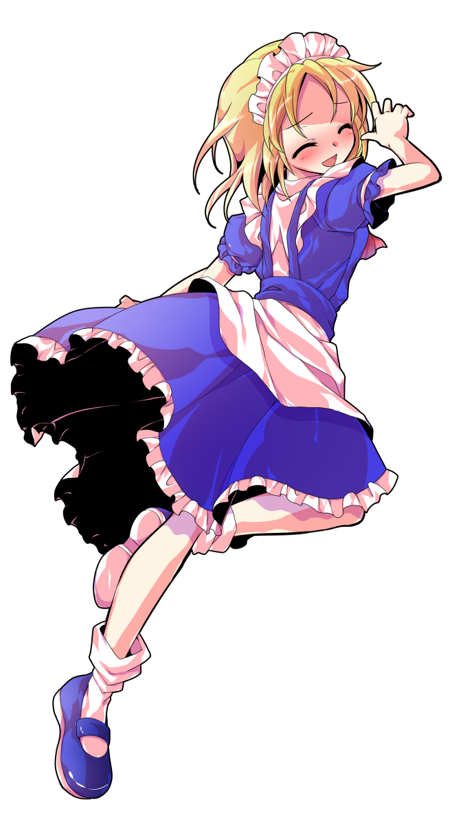 1girl alphes_(style) apron arm_at_side ascot bare_arms blonde_hair blue_shoes blush bobby_socks closed_eyes closed_mouth commentary_request dairi dress frilled_dress frills full_body highres large_variant_set maid maid_headdress mary_janes mugetsu_(touhou) parody puffy_short_sleeves puffy_sleeves red_ascot shoes short_hair short_sleeves socks solo style_parody touhou touhou_(pc-98) transparent_background variant_set waist_apron white_apron white_socks