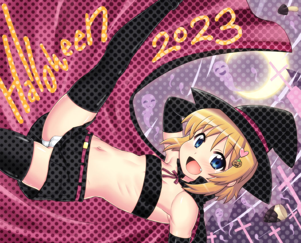 1girl 2023 bandeau bare_shoulders black_bandeau black_cape black_skirt black_thighhighs blonde_hair blue_eyes breasts cameltoe cape commentary_request crop_top elbow_gloves fang gloves hair_ornament halloween hase_yu hat heart heart-shaped_hair jack-o&#039;-lantern jack-o&#039;-lantern_hair_ornament medium_hair microskirt navel open_mouth original panties petite ribs skirt small_breasts smile solo strapless thighhighs tube_top two-sided_cape two-sided_fabric underboob underwear white_panties witch_hat
