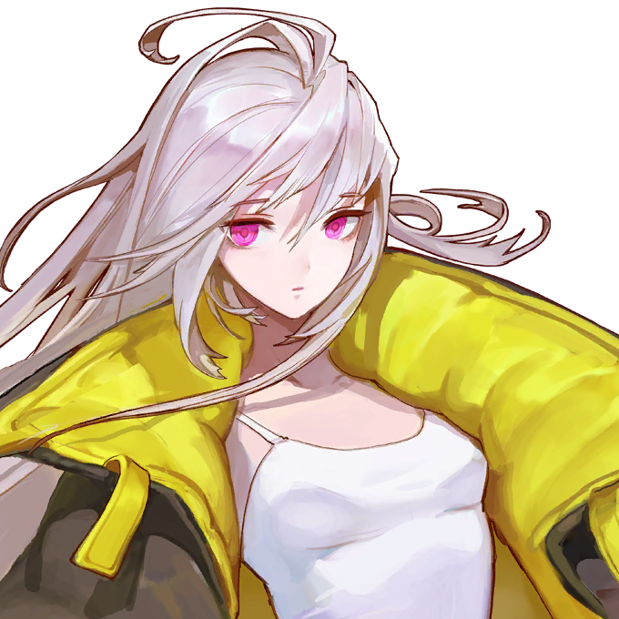 1girl ahoge arched_back breasts closed_mouth coat emily_(last_origin) female_focus floating_hair game_cg grey_hair hair_between_eyes last_origin long_hair looking_at_viewer official_art open_clothes open_coat red_eyes rorobomb small_breasts tank_top transparent_background upper_body white_tank_top