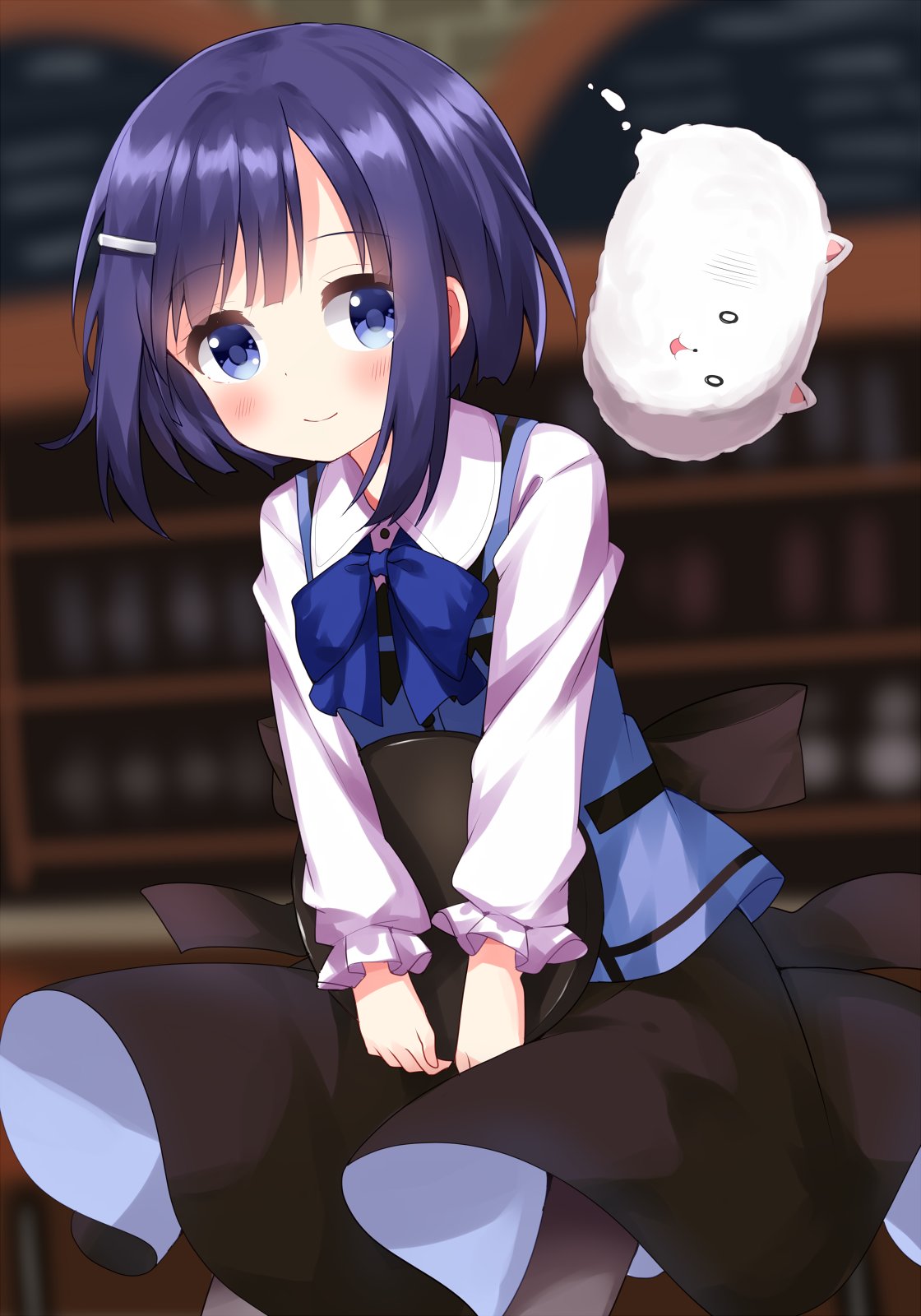 1girl black_pantyhose black_skirt blue_bow blue_bowtie blue_eyes blue_hair blue_vest blunt_bangs blurry blurry_background blush bow bowtie closed_mouth collared_shirt commentary_request cowboy_shot fuiba_fuyu gochuumon_wa_usagi_desu_ka? hair_ornament hairclip highres holding holding_tray indoors long_sleeves looking_at_viewer pantyhose ruu_(tksymkw) shirt short_hair skirt smile solo tippy_(gochiusa) tray vest white_shirt