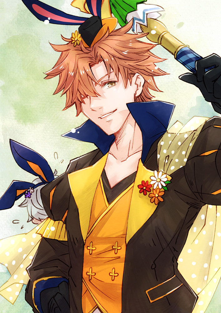 2boys animal_ears animal_hat ashe_ubert ashe_ubert_(spring) black_gloves black_hat collarbone ebi_puri_(ebi-ebi) fire_emblem fire_emblem:_three_houses fire_emblem_heroes flower flying_sweatdrops gloves grey_hair hat high_collar lapels long_sleeves male_focus mini_hat mini_top_hat multiple_boys nintendo official_alternate_costume one_eye_closed orange_hair rabbit_ears rabbit_hat short_hair smile solo_focus sylvain_jose_gautier sylvain_jose_gautier_(spring) teeth top_hat yellow_eyes