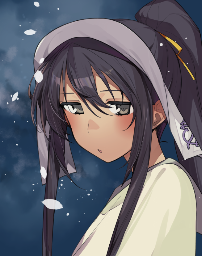 1girl black_hair cloud cloudy_sky grey_eyes hair_ribbon long_hair looking_to_the_side night outdoors ponytail rance_(series) rance_ix ribbon russian_kalette shikosour sky snowflakes snowing solo