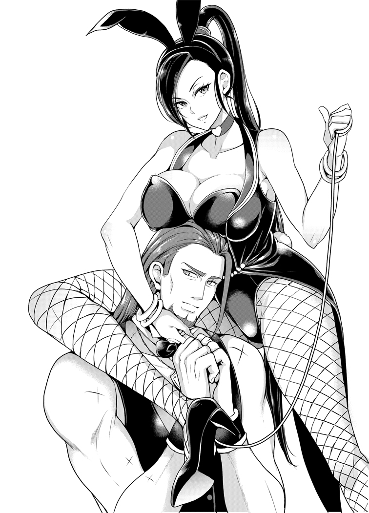 1boy 1girl animal_ear_hairband animal_ears bare_shoulders bound bound_wrists bow bowtie bracelet breast_rest breasts breasts_on_head cheekbones choker cleavage collarbone commentary_request covered_erect_nipples dragon_quest dragon_quest_xi facial_hair fake_animal_ears fake_tail fishnet_pantyhose fishnets greig_(dq11) greyscale hair_slicked_back hairband hand_on_another&#039;s_chin heart heart_choker high_heels high_ponytail holding holding_leash jewelry large_breasts leash leg_on_another&#039;s_shoulder leotard looking_at_viewer looking_to_the_side martina_(dq11) miryuku monochrome multiple_bracelets muscular muscular_male pantyhose ponytail rabbit_ears rabbit_tail scar scar_on_arm smile tail tailcoat_playboy_bunny vest white_background