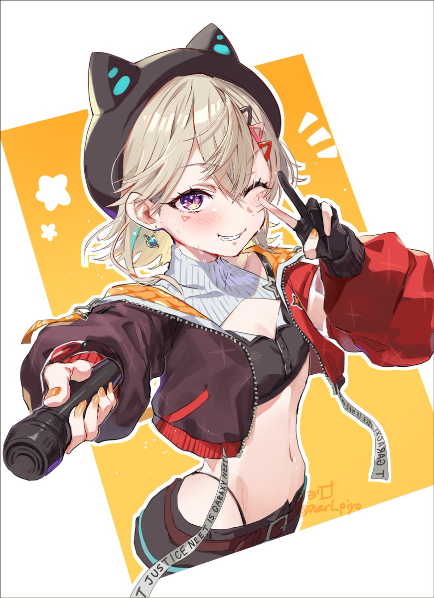 1girl animal_hat belt black_gloves black_hat black_shorts blonde_hair blush cat_hat commentary_request cropped_jacket earrings facial_mark fingerless_gloves gloves grin hair_ornament hairclip hat highres holding holding_microphone jacket jewelry komori_met komori_met_(5th_costume) looking_at_viewer microphone navel notice_lines one_eye_closed open_clothes open_jacket orange_nails piyoyanagi purple_eyes shorts smile solo teeth twitter_username virtual_youtuber vspo!