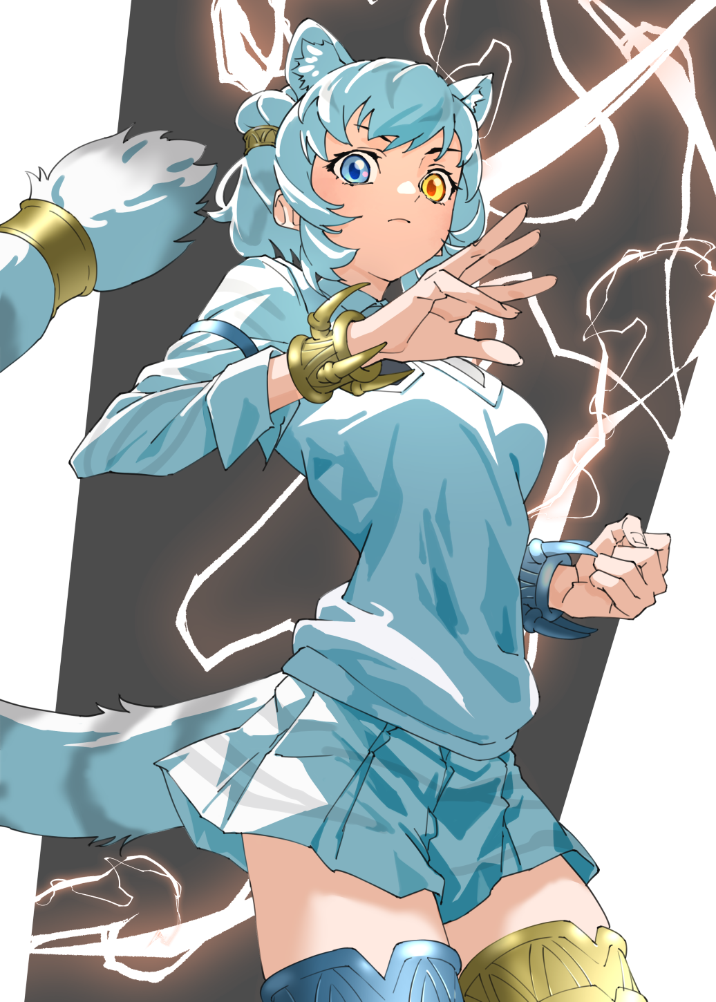 1girl animal_ears animal_print asymmetrical_legwear blue_eyes blush bracelet byakko_(kemono_friends) collared_shirt commentary cowboy_shot extra_ears hair_between_eyes heterochromia highres jewelry kemono_friends lightning long_sleeves looking_at_viewer multicolored_hair pleated_skirt print_skirt shirt short_hair sidelocks skirt solo sweater tail tanabe_(fueisei) thighhighs tiger_ears tiger_girl tiger_print tiger_tail white_shirt white_sweater white_tiger_print yellow_eyes zettai_ryouiki