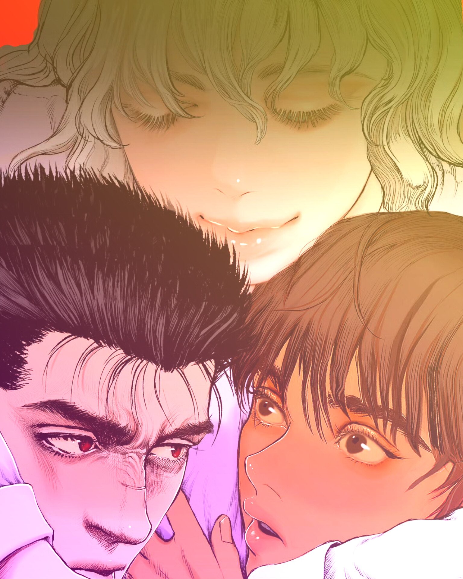 1girl 2boys berserk black_hair brown_eyes brown_hair casca_(berserk) commentary_request dark-skinned_female dark_skin griffith_(berserk) guts_(berserk) highres hug multiple_boys nisino2222 parted_lips red_background red_eyes scar scar_on_face scar_on_nose short_hair smile thick_lips white_hair