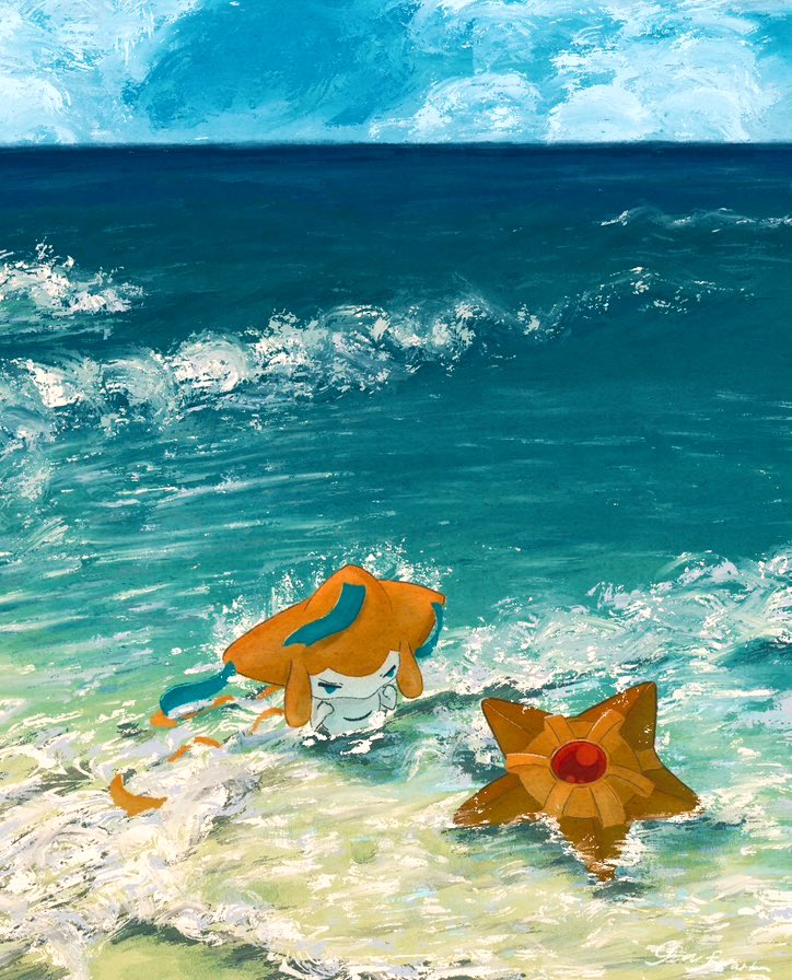 1other beach blue_sky clenched_hands closed_eyes cloud colored_skin creatures_(company) day full_body game_freak gem gen_1_pokemon gen_3_pokemon gyura hands_up horizon jirachi legendary_pokemon mythical_pokemon nintendo ocean other_focus outdoors partially_submerged pokemon pokemon_(creature) red_gemstone revision sky standing starfish staryu water waves white_skin