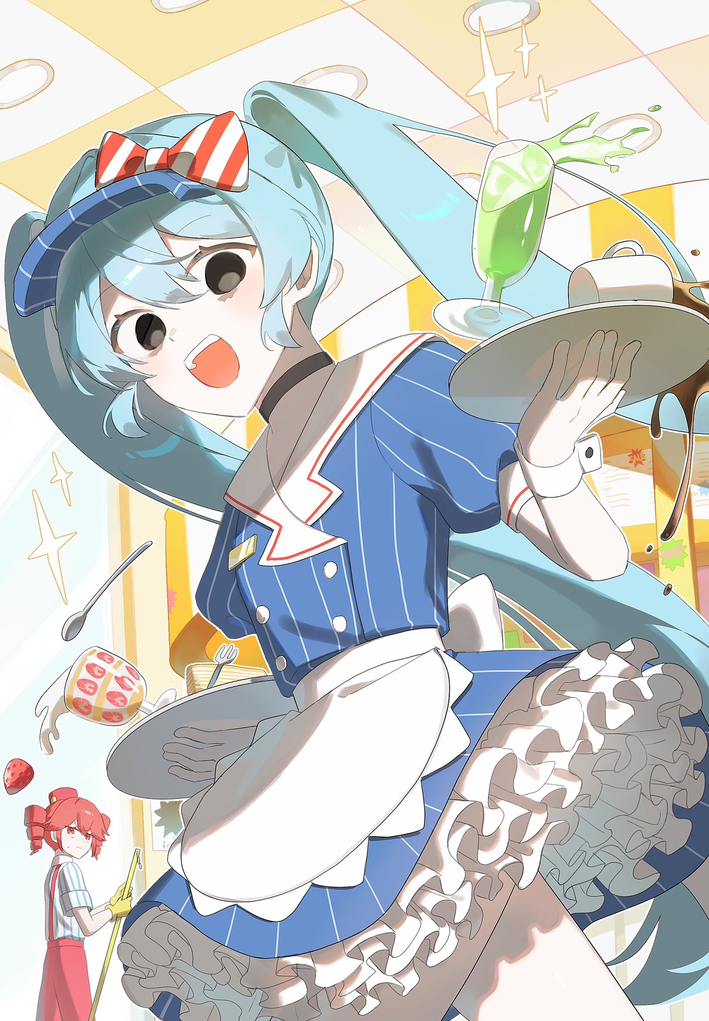2girls alternate_costume alternate_eye_color apron black_choker black_eyes blue_dress blue_hair buttons ceiling ceiling_light choker cup double-breasted dress flat_chest food fruit glass gloves hair_between_eyes hatsune_miku highres holding holding_plate ice_cream_cup indoors jjeogi38 kasane_teto layered_dress long_hair looking_at_another looking_at_viewer mesmerizer_(vocaloid) multiple_girls open_mouth pinstripe_dress pinstripe_pattern plate poster_(object) red_eyes red_hair restaurant short_dress short_sleeves spork strawberry suspenders sweatdrop teeth twintails upper_teeth_only utau very_long_hair vocaloid waist_apron white_apron white_dress white_wrist_cuffs wrist_cuffs yellow_gloves
