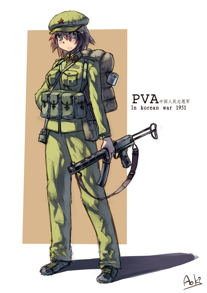 1girl ammunition_pouch bad_id bad_pixiv_id blue_eyes brown_hair china female_focus gun hat magazine_(weapon) military military_hat military_uniform people&#039;s_liberation_army pouch pps pps-43 siqi_(miharuu) solo star_(symbol) submachine_gun weapon