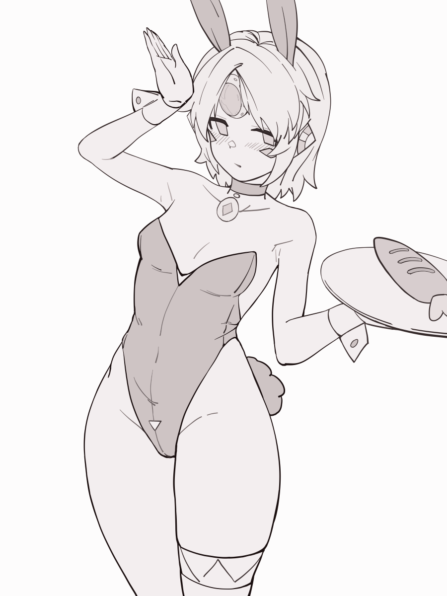 1girl 3gs arm_up bare_shoulders blush bob_cut breasts carrot choker collarbone covered_navel cowboy_shot elsword eve_(elsword) facial_mark female_focus flat_color food greyscale groin hand_up headgear highres holding holding_food holding_tray leotard looking_at_viewer monochrome parted_bangs parted_lips playboy_bunny rabbit_ears rabbit_tail short_hair short_tail sidelocks simple_background small_breasts solo standing strapless strapless_leotard tail thigh_gap thighs tray white_background wrist_cuffs