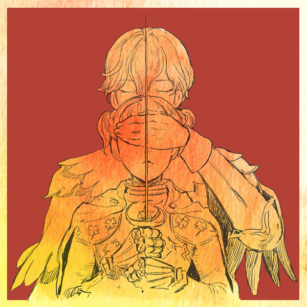 1990s_(style) 1boy 1girl armor berserk cape closed_eyes covering_own_eyes farnese_(berserk) gauntlets monochrome nobicco rapier red_background retro_artstyle serpico_(berserk) sword upper_body weapon