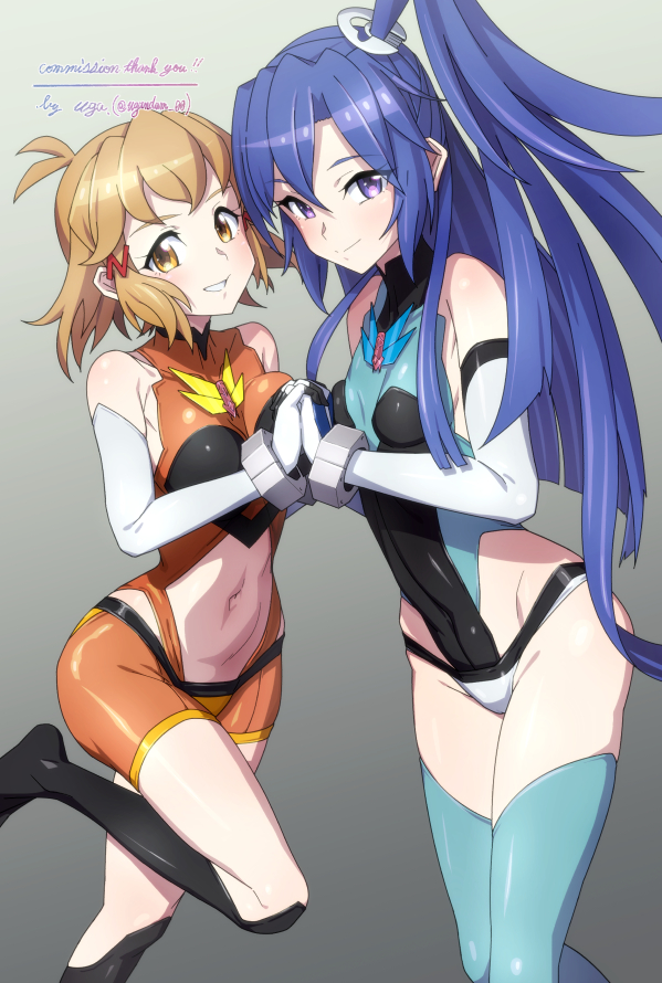 2girls aqua_leotard aqua_theme black_leotard black_thighhighs blue_hair blush breasts brown_eyes brown_hair closed_mouth commission covered_navel cuffs from_side grey_background groin handcuffs holding_hands interlocked_fingers kazanari_tsubasa large_breasts leotard long_hair looking_at_viewer multicolored_leotard multiple_girls open_mouth orange_leotard purple_eyes senki_zesshou_symphogear short_hair side_ponytail simple_background small_breasts smile standing standing_on_one_leg stomach tachibana_hibiki_(symphogear) thighhighs two-tone_leotard uganda_(ugandam_00) undersuit very_long_hair