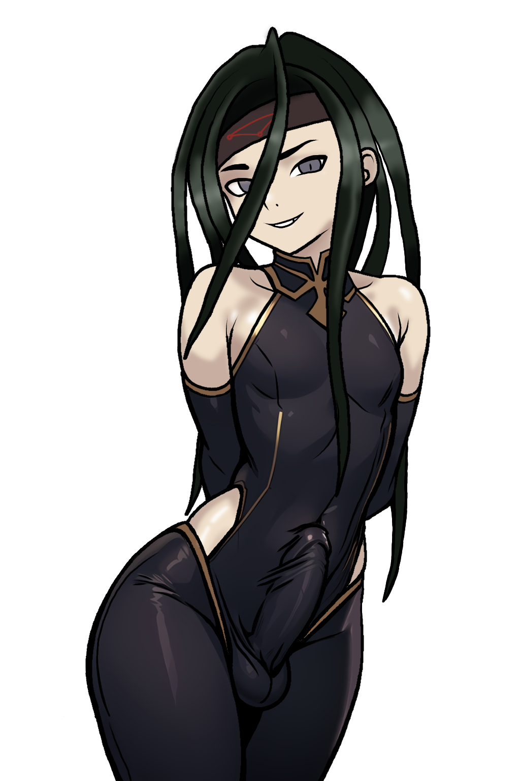 1boy bodysuit bulge clothing_cutout collarbone envy_(fma) erection erection_under_clothes fullmetal_alchemist gloves green_hair grey_eyes hands_behind head_tilt headband highres hip_vent homunculus latex latex_bodysuit long_hair male_focus parted_lips pectorals penis shiny_skin side_cutout skin_tight sleeveless slit_pupils solo solo_focus tagme teeth testicles trap white_background