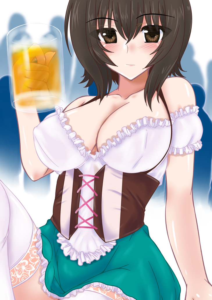 1girl alcohol beer beer_mug blush breasts brown_eyes brown_hair cleavage dirndl female_focus german_clothes girls_und_panzer large_breasts looking_at_viewer mug nishizumi_maho te2