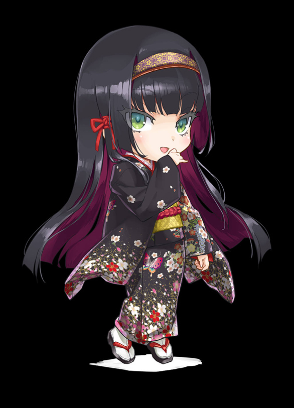 1girl bishoujo_mangekyou bishoujo_mangekyou:_kotowari_to_meikyuu_no_shoujo bishoujo_mangekyou_(series) black_background black_hair black_kimono blunt_bangs blush chibi colored_inner_hair eyelashes floral_print full_body geta green_eyes hair_ribbon hairband happoubi_jin hime_cut japanese_clothes kimono long_hair looking_at_viewer multicolored_hair obi open_mouth print_kimono red_ribbon renge_(bishoujo_mangekyou) ribbon sandals sash simple_background smile socks solo third-party_edit white_socks wide_sleeves zouri
