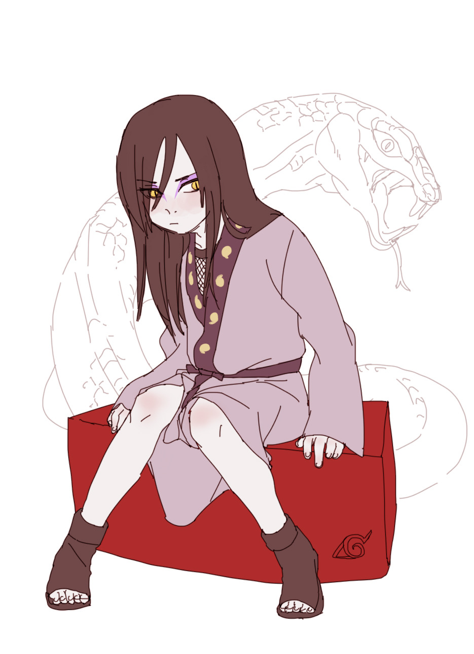 aged_down black_hair blush eyebrow_visible_through_hair eyeliner eyes_visible_through_hair fangs fishnets hair_between_eyes hand_rest highres knee_blush knees_together_feet_apart kutuyatti long_hair long_sleeves makeup narrowed_eyes naruto_(series) orochimaru_(naruto) pout sandals scales sitting sitting_on_object sleeves_past_wrists slit_pupils snake tongue tongue_out yellow_eyes